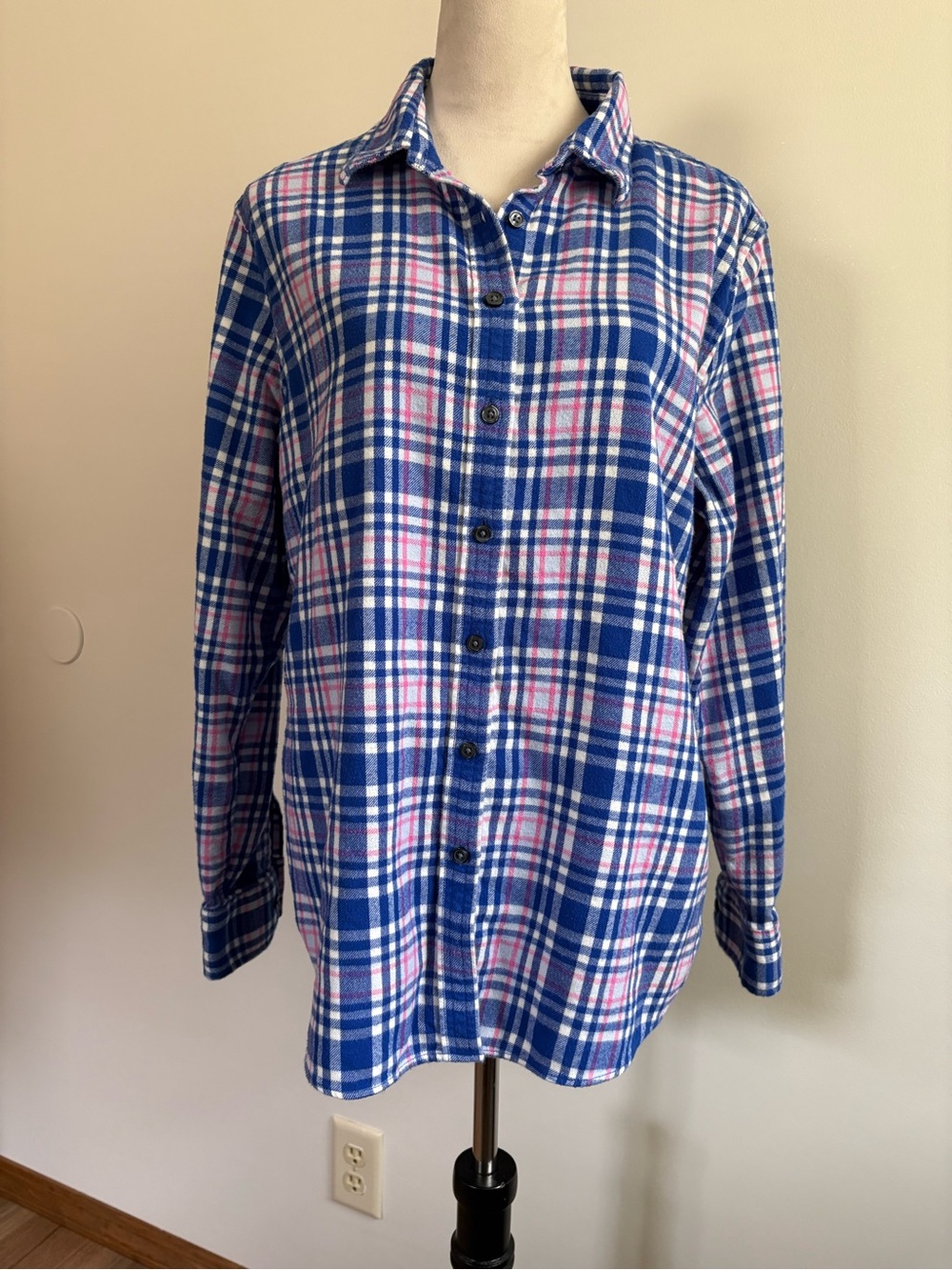Lands' End Women’s Blue Pink White Plaid Cotton Flannel Button Down Size 16